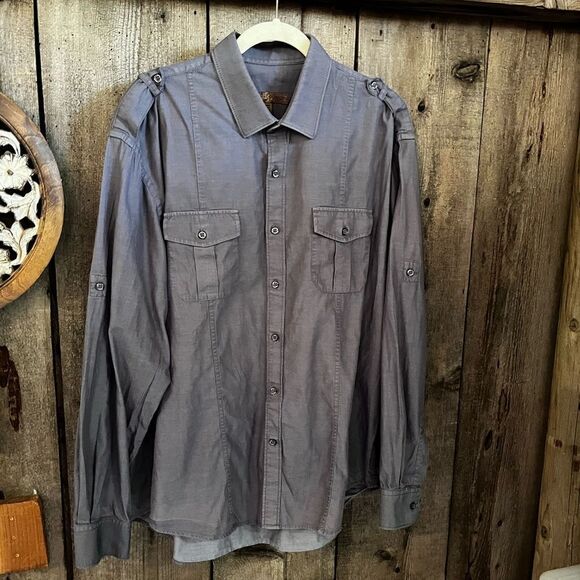 Pronto Uomo Blue Grey Military / Mechanic Buttoned Long Sleeve Shirt - Picture 1 of 10
